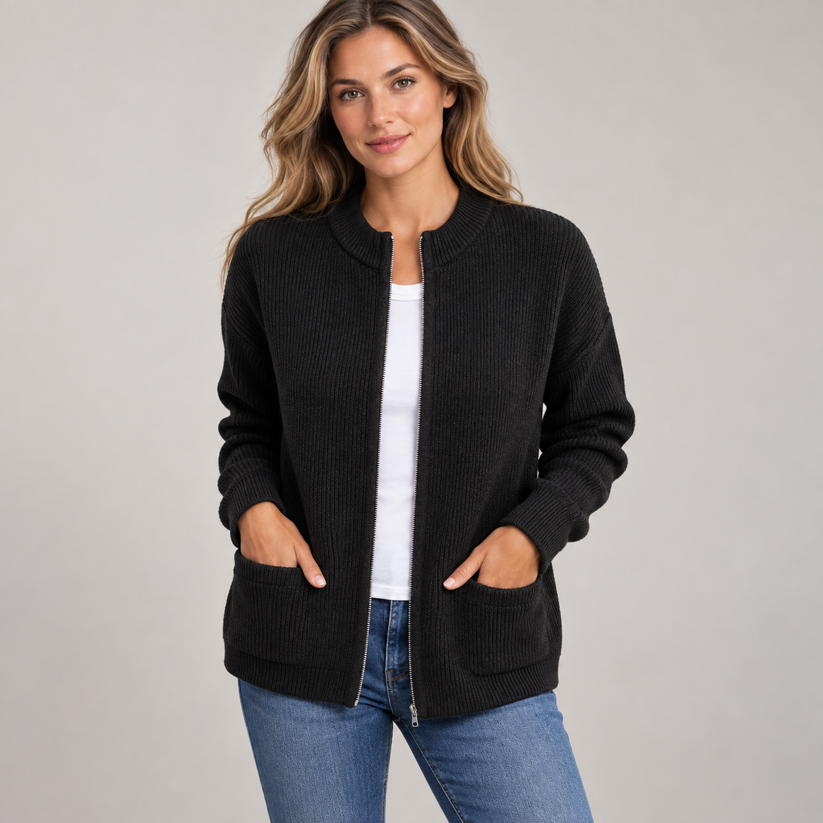 Pocket Zip-Up Knit Cardigan
