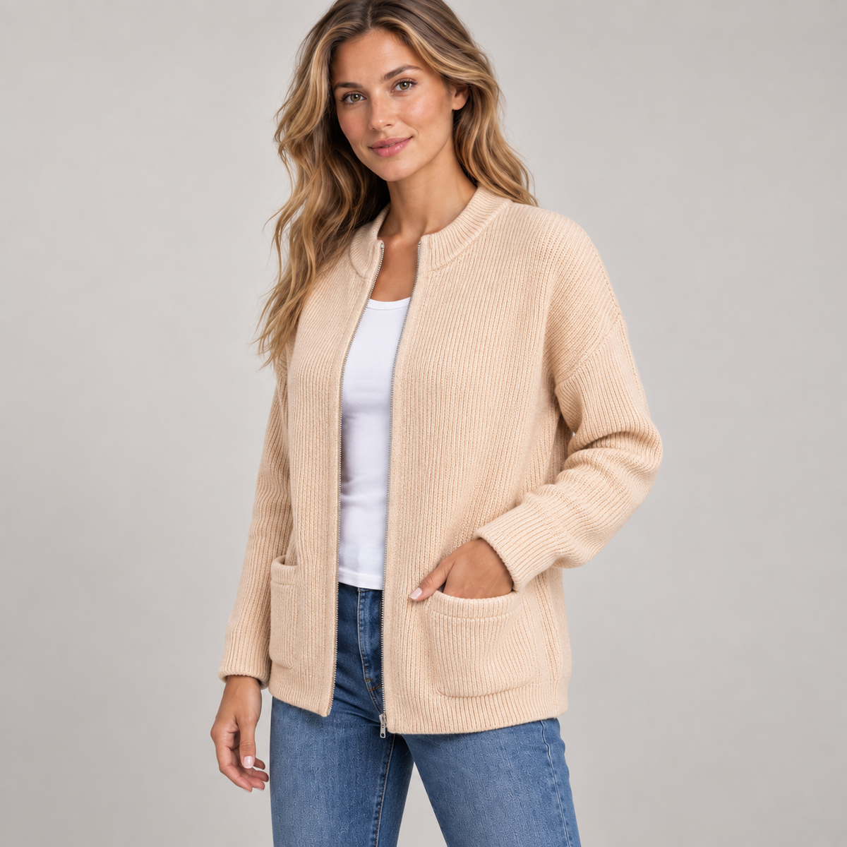 Pocket Zip-Up Knit Cardigan