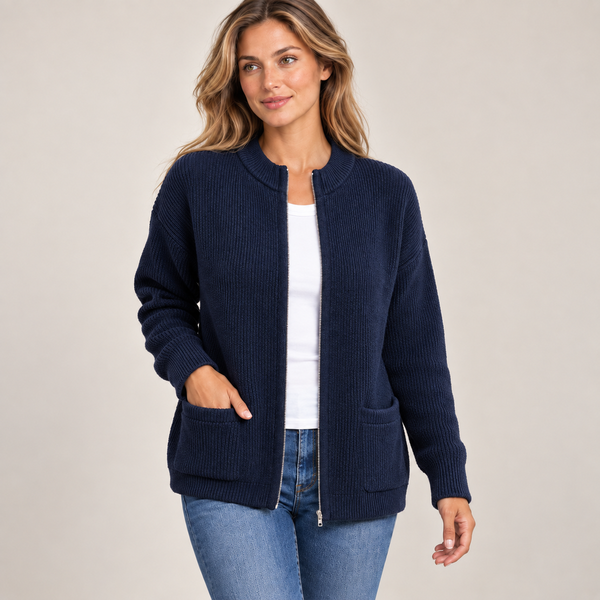 Pocket Zip-Up Knit Cardigan