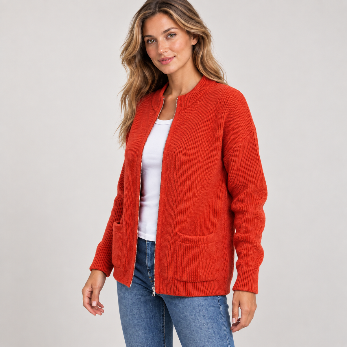 Pocket Zip-Up Knit Cardigan