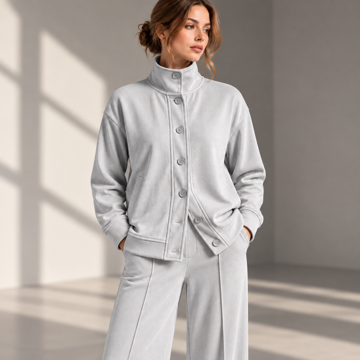 Ribbed Stand-Collar Cardigan