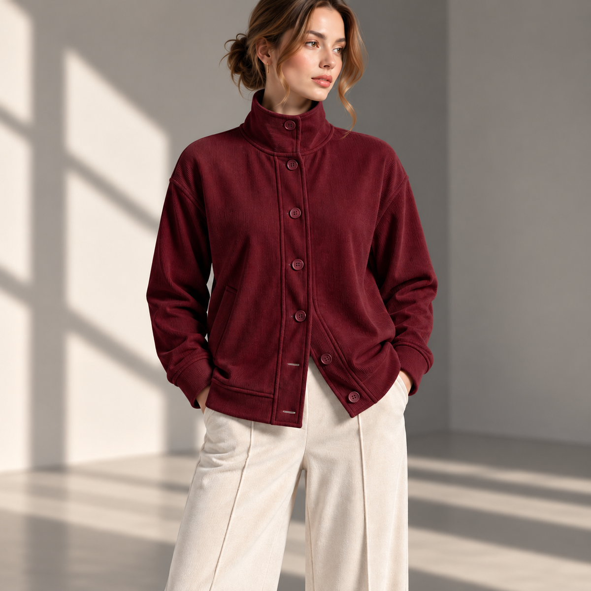 Ribbed Stand-Collar Cardigan